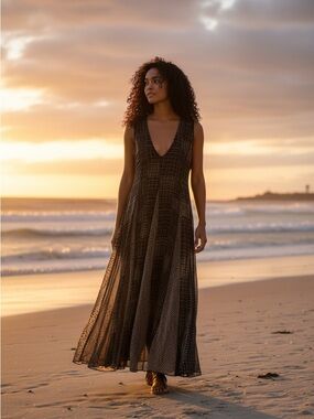 Deep V-Neck Sleeveless Maxi Dress in Black and Cream
